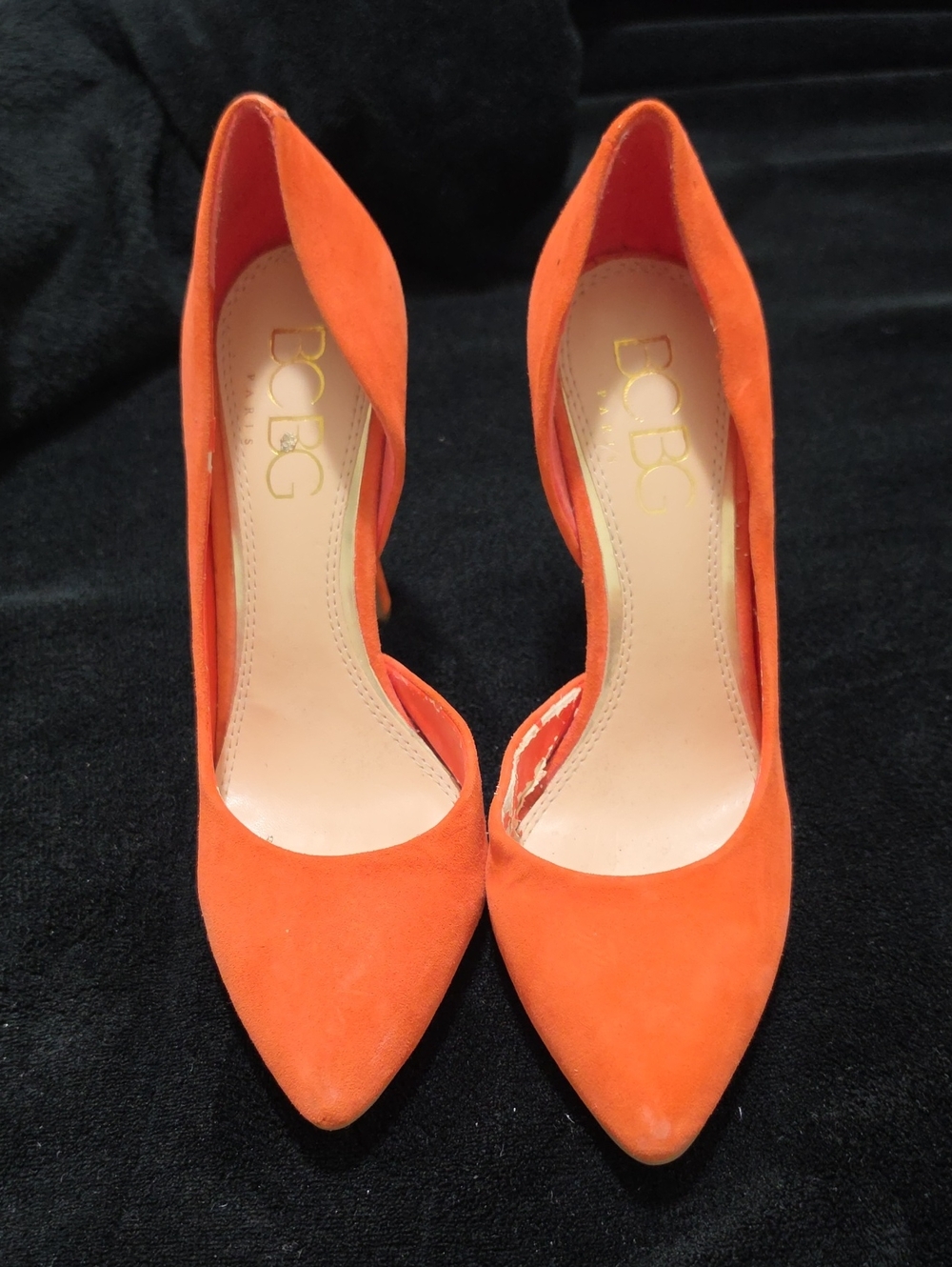 BCBG Paris Orange Suede D'Orsay Pointed-Toe Heels
